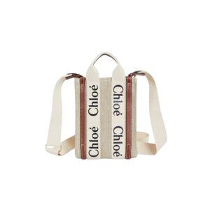 Chloé Mini Woody Linen Canvas North/South Tote- White-Brown